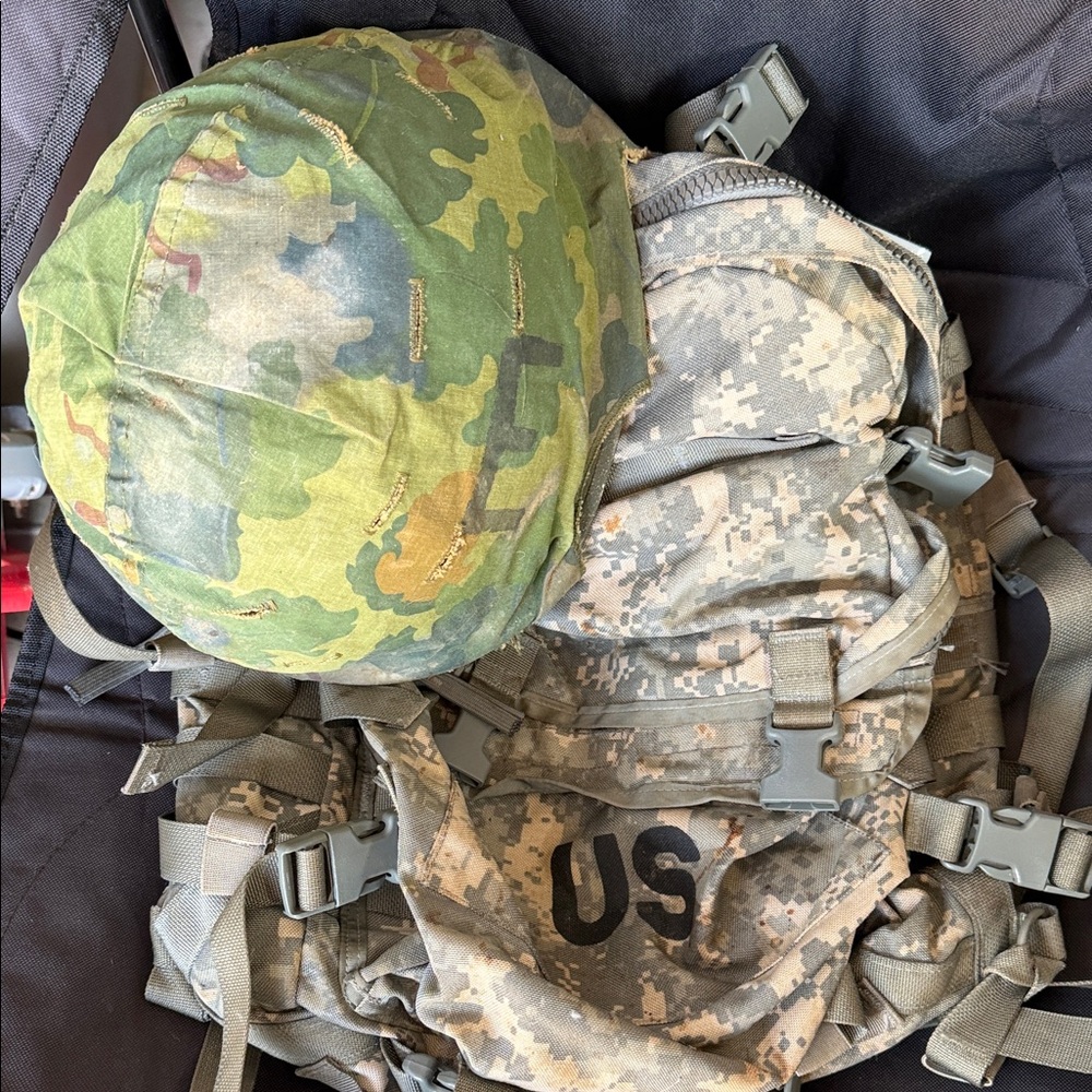 Military Army Helmet with Woodland Cover & ACU Backpack - US Marking